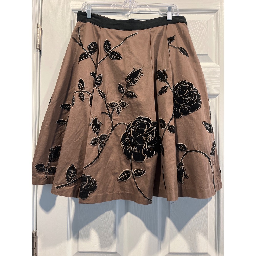 Odille Anthropologie Brown Cotton Velvet Floral Embroidered A-Line Skirt Size 10